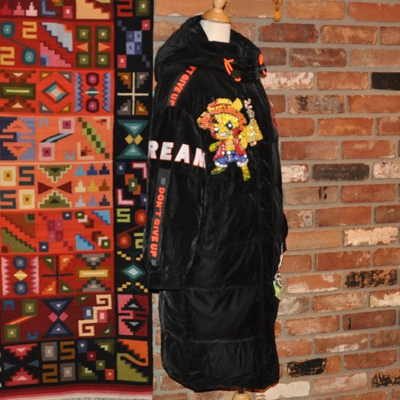 Black Silky Velvet Puffer Long Coat Sequin Pikachu Elmo DREAM "Don't Give Up" M - Picture 7 of 15